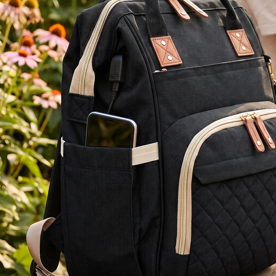 Geräumiger Rucksack für die Mutter aus Polyester in schwarzer Farbe, ausgestattet mit einem Kinderwagenhalter - Peterson – Bild 4