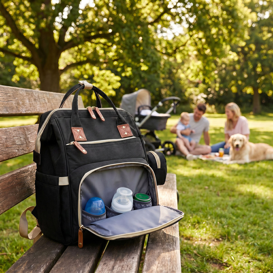 Geräumiger Rucksack für die Mutter aus Polyester in schwarzer Farbe, ausgestattet mit einem Kinderwagenhalter - Peterson – Bild 2