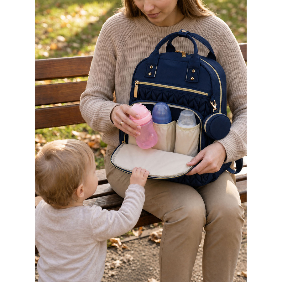 Blauer Rucksack für Mama aus Polyester, ausgestattet mit einer Wickelunterlage und einer kleinen abnehmbaren Tasche - Peterson – Bild 4