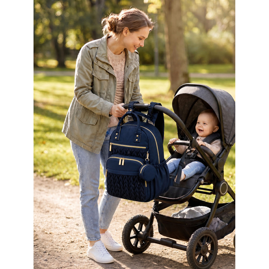 Blauer Rucksack für Mama aus Polyester, ausgestattet mit einer Wickelunterlage und einer kleinen abnehmbaren Tasche - Peterson – Bild 2