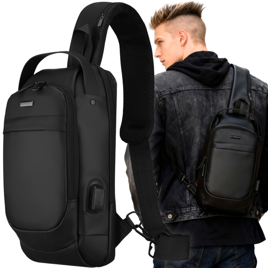 Schwarze, geräumige Herrengürteltasche zum Umhängen aus Kunstleder, ausgestattet mit USB-Anschluss - Rovicky – Bild 2