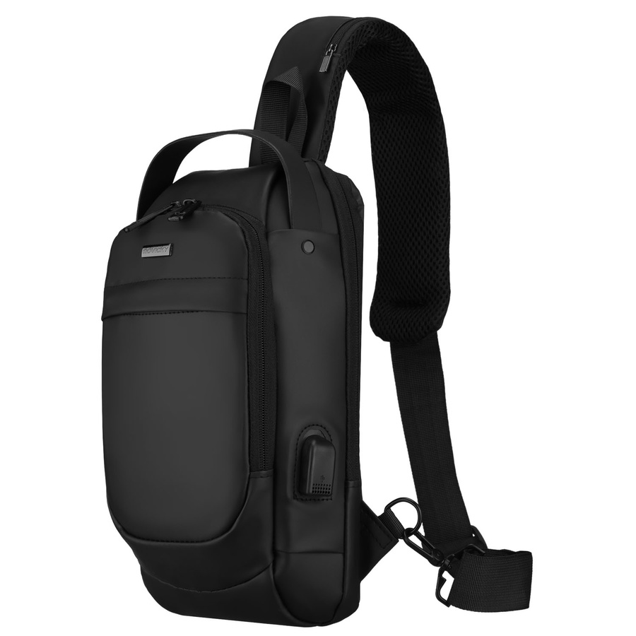 Schwarze, geräumige Herrengürteltasche zum Umhängen aus Kunstleder, ausgestattet mit USB-Anschluss - Rovicky