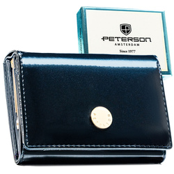 Damen-Geldbörse in Marineblau aus Echtleder und Kunstleder, mit Druckknopfverschluss – Peterson