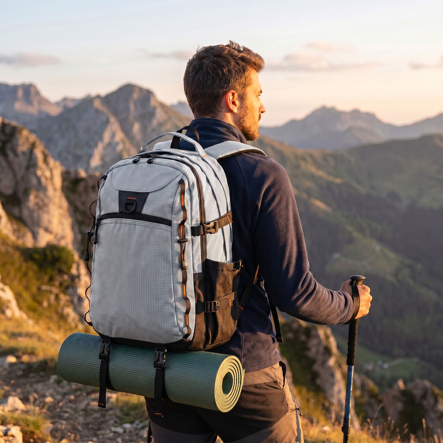 Großer, touristischer Rucksack aus Polyester in grauer Farbe, mit zwei Fächern, mit Reißverschluss verschließbar - Peterson – Bild 2
