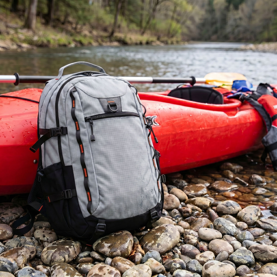 Großer, touristischer Rucksack aus Polyester in grauer Farbe, mit zwei Fächern, mit Reißverschluss verschließbar - Peterson – Bild 5