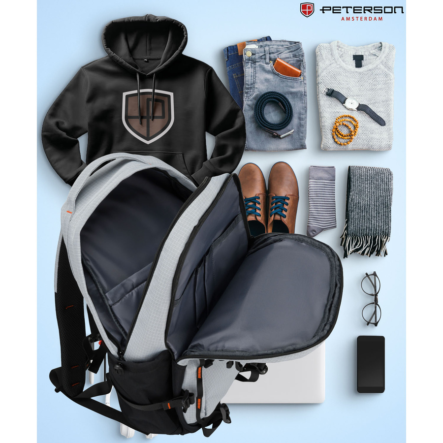 Großer, touristischer Rucksack aus Polyester in grauer Farbe, mit zwei Fächern, mit Reißverschluss verschließbar - Peterson – Bild 23