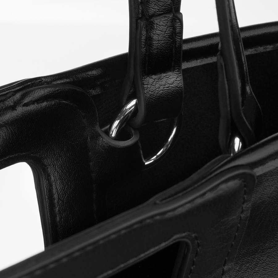 Große, schwarze Damenhandtasche aus Kunstleder mit bequemen Tragegriffen und abnehmbarem Etui im Set - Rovicky – Bild 8