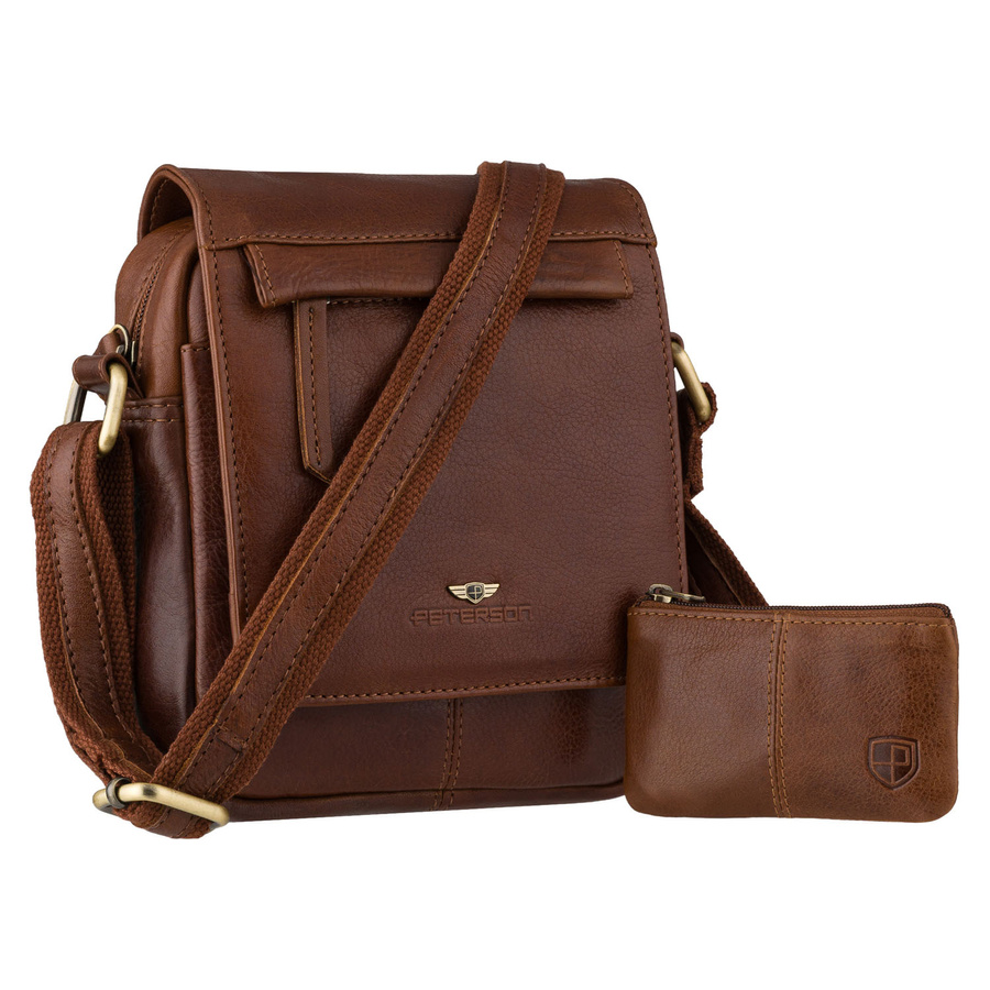 Einfaches Herrentasche aus Leder in Braun mit Schlüsseletui im Set - Peterson