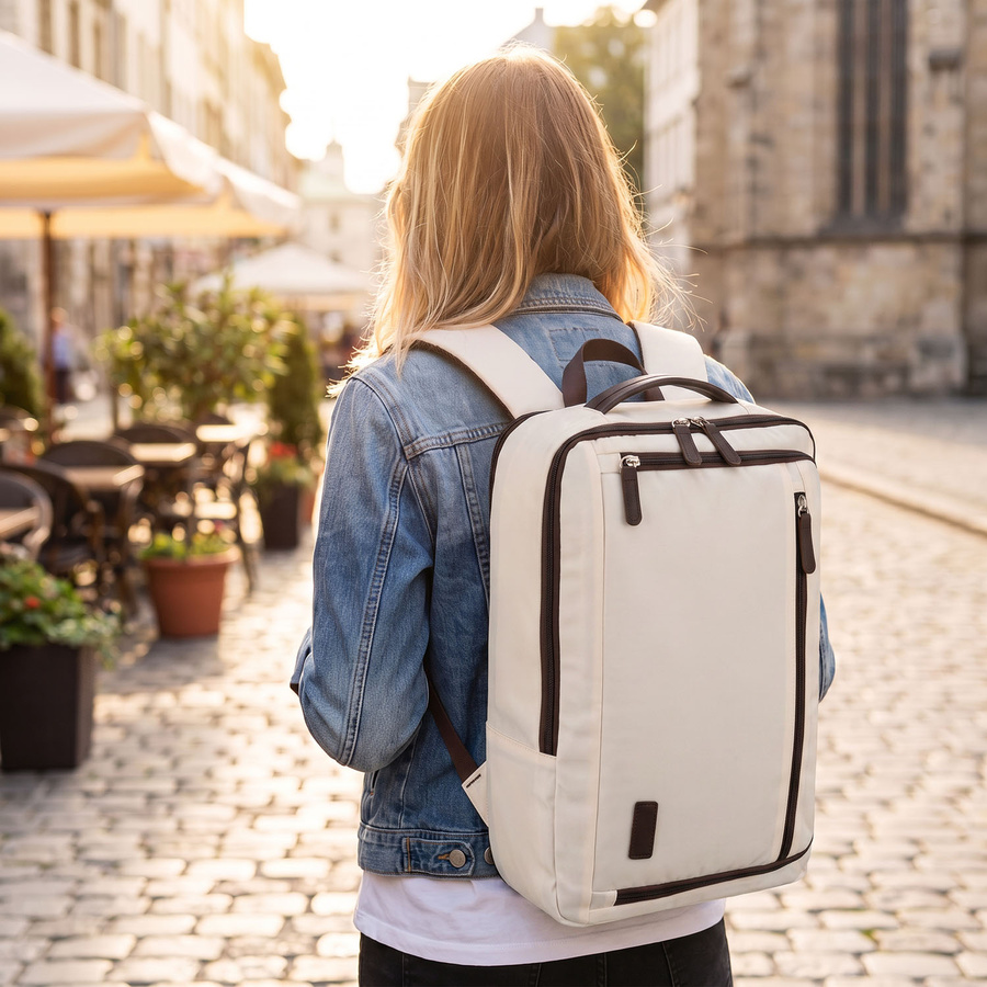 Kabinenrucksack aus Polyester in Beige, ausgestattet mit USB-Anschluss - Peterson – Bild 2