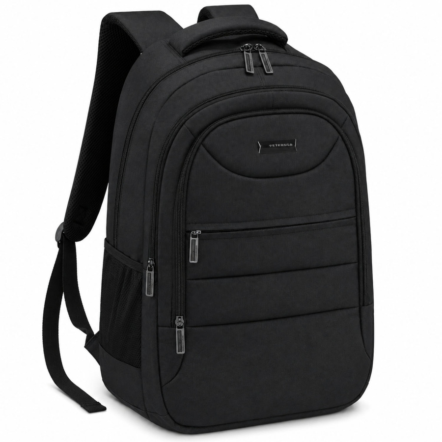 Großer schwarzer Rucksack aus Polyester mit verstellbaren Schultergurten und Schlüssel-Retraktor im Set – Peterson