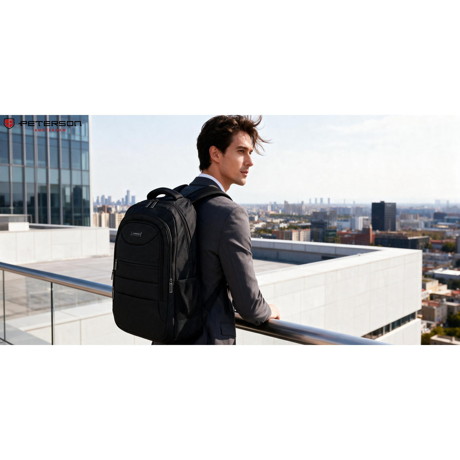 Großer schwarzer Rucksack aus Polyester mit verstellbaren Schultergurten und Schlüssel-Retraktor im Set – Peterson – Bild 2