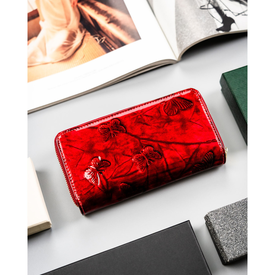Große Damen-Geldbörse aus lackiertem Echtleder in Rot, Federmäppchen-Design – Peterson – Bild 5